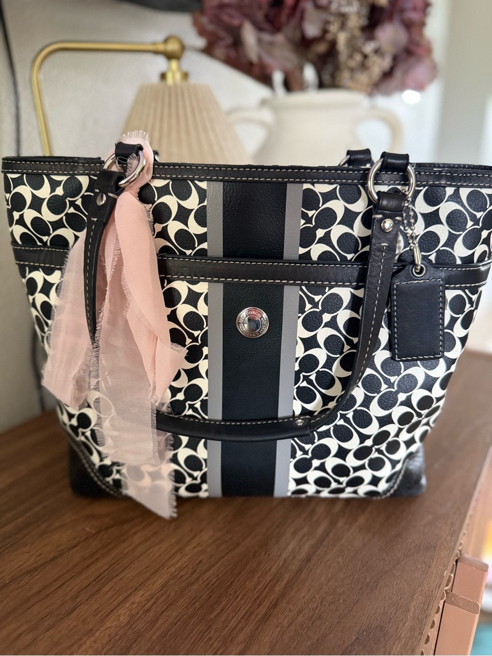 Coach Black & Ivory Signature Stripe Tote with Pink Scarf Accent